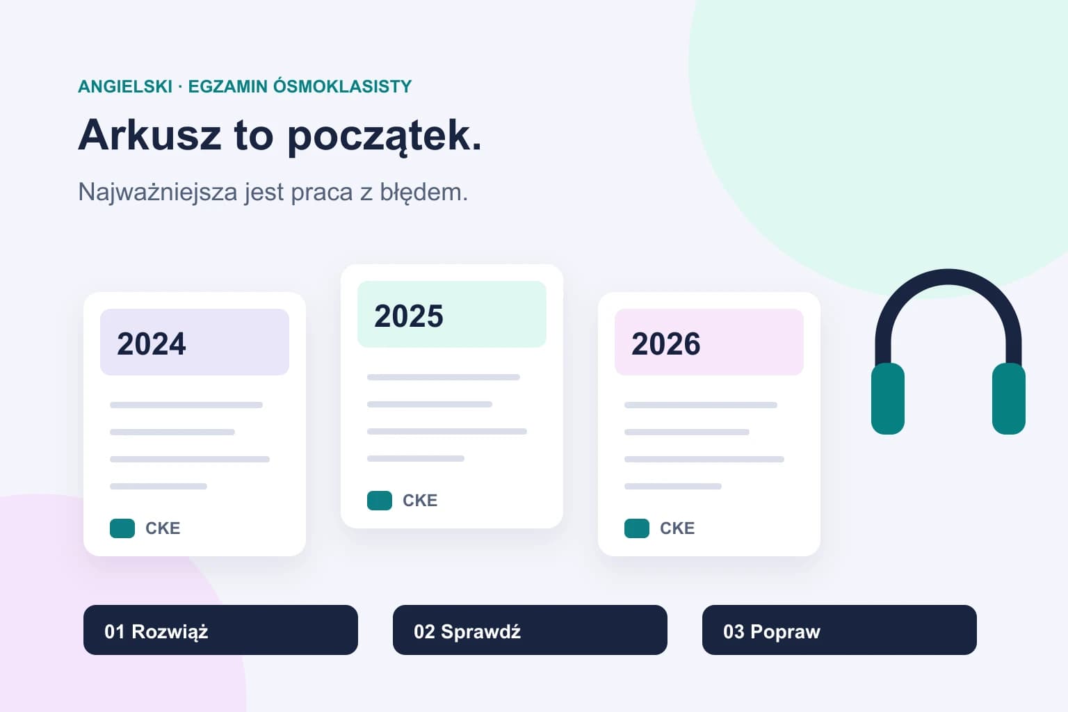Arkusze egzaminacyjne, słuchawki i plan powtórek z języka angielskiego
