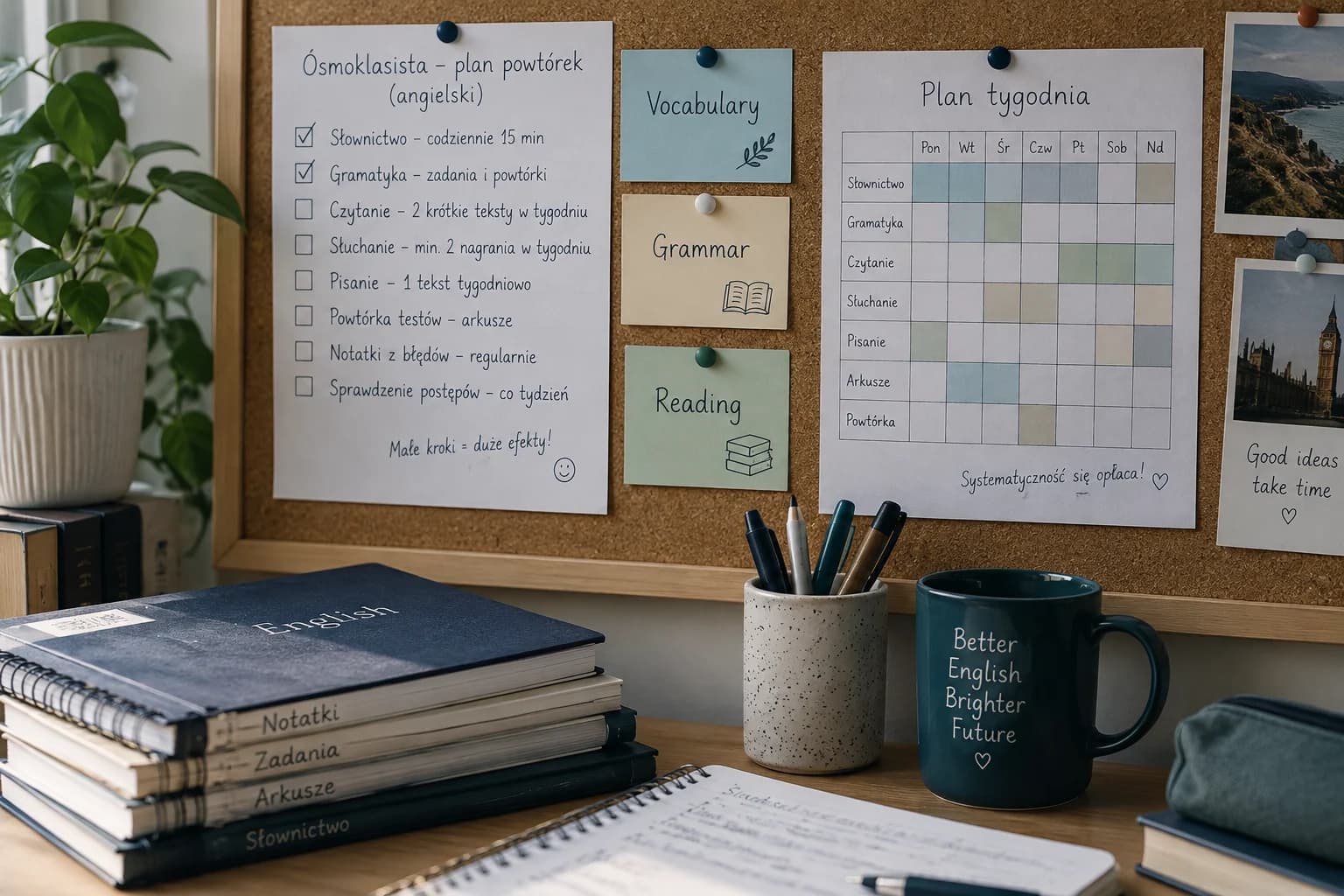 Tablica z planem powtórek z angielskiego i kartami Vocabulary, Grammar i Reading