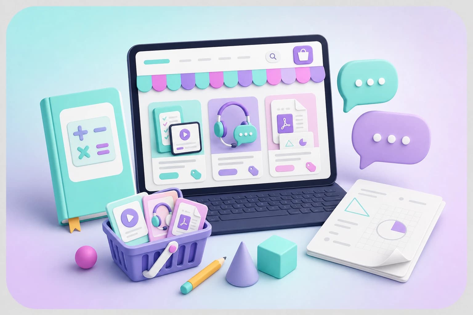 Laptop z platformą edukacyjną, zeszyt matematyczny i materiały PDF Akademeo