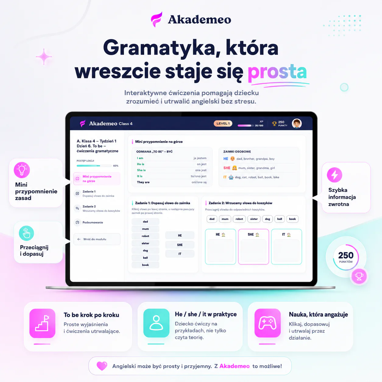 Platforma do nauki angielskiego dla dzieci - temat, wyjaśnienie, ćwiczenie i powtórka
