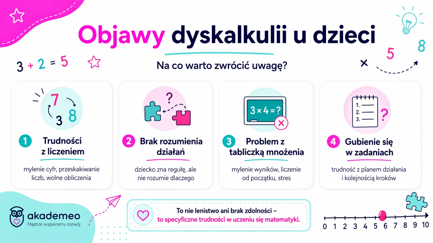 Objawy dyskalkulii u dzieci – infografika Akademeo